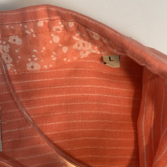 Pauawa Shirt Womens Large Linen Button Down Striped Floral Coastal Beachy Coral - Picture 8 of 11
